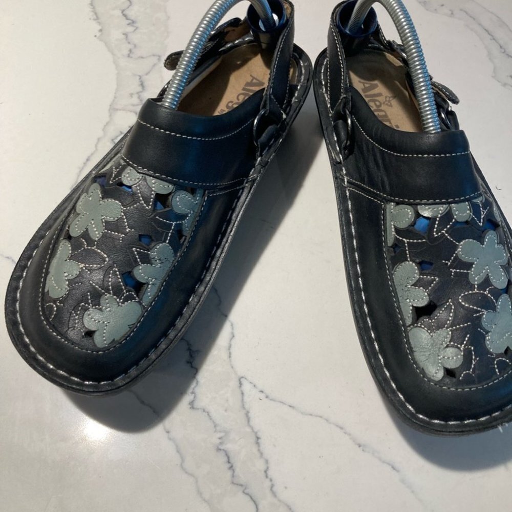 ALEGRIA Sz 36 PG Lite Slide Clog Slingback Black Teal/Gray Floral Cutout Sandals - Picture 2 of 12